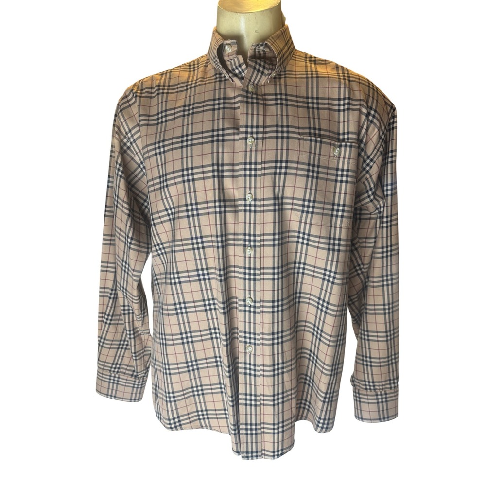 Burberry Vintage Nova Check Button Down Shirt Tan Plaid Made in USA Mens XL